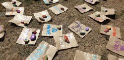 A selection of painted rocks on the ground, drying in the sun