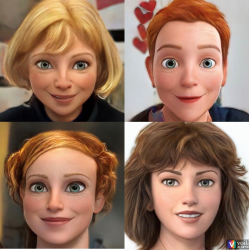 A collage of four faces, edited to look like Disney characters.