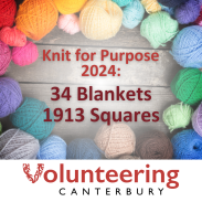 Coloured balls of wool laid out in a circle. Text reads "Knit for Purpose 2024: 34 Blankets, 1913 Squares". Volunteering Canterbury logo.