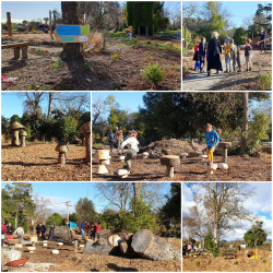 A collage of six images showing a large outdoor area, covered in bark, with wooden sculptures made to look like mushrooms. Children playing. A ribbon being cut to open the gardens