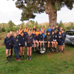 A group of students from Loburn School Te Kura Aromauka, standing outdoors in Silverstream Reserve