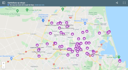 A screen shot displaying a map of Canterbury. Purple dots identify the location of Op Shops around the region