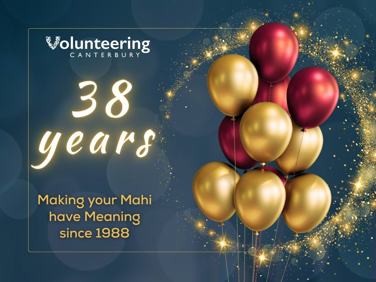 A 38th anniversary graphic for Volunteering Canterbury, featuring a cluster of gold and burgundy balloons surrounded by sparkling golden accents. The design includes the text “38 years” and “Making your Mahi have Meaning since 1988” alongside the Volunteering Canterbury logo