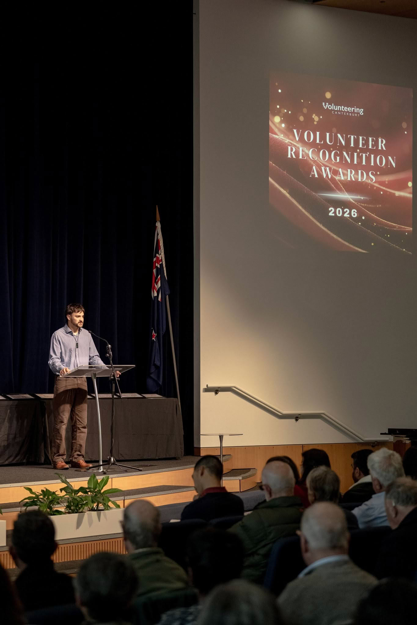 Guest Speaker, Finn Henderson, from Kairos Food Rescue, speaking at the Volunteer Recognition Awards 2026