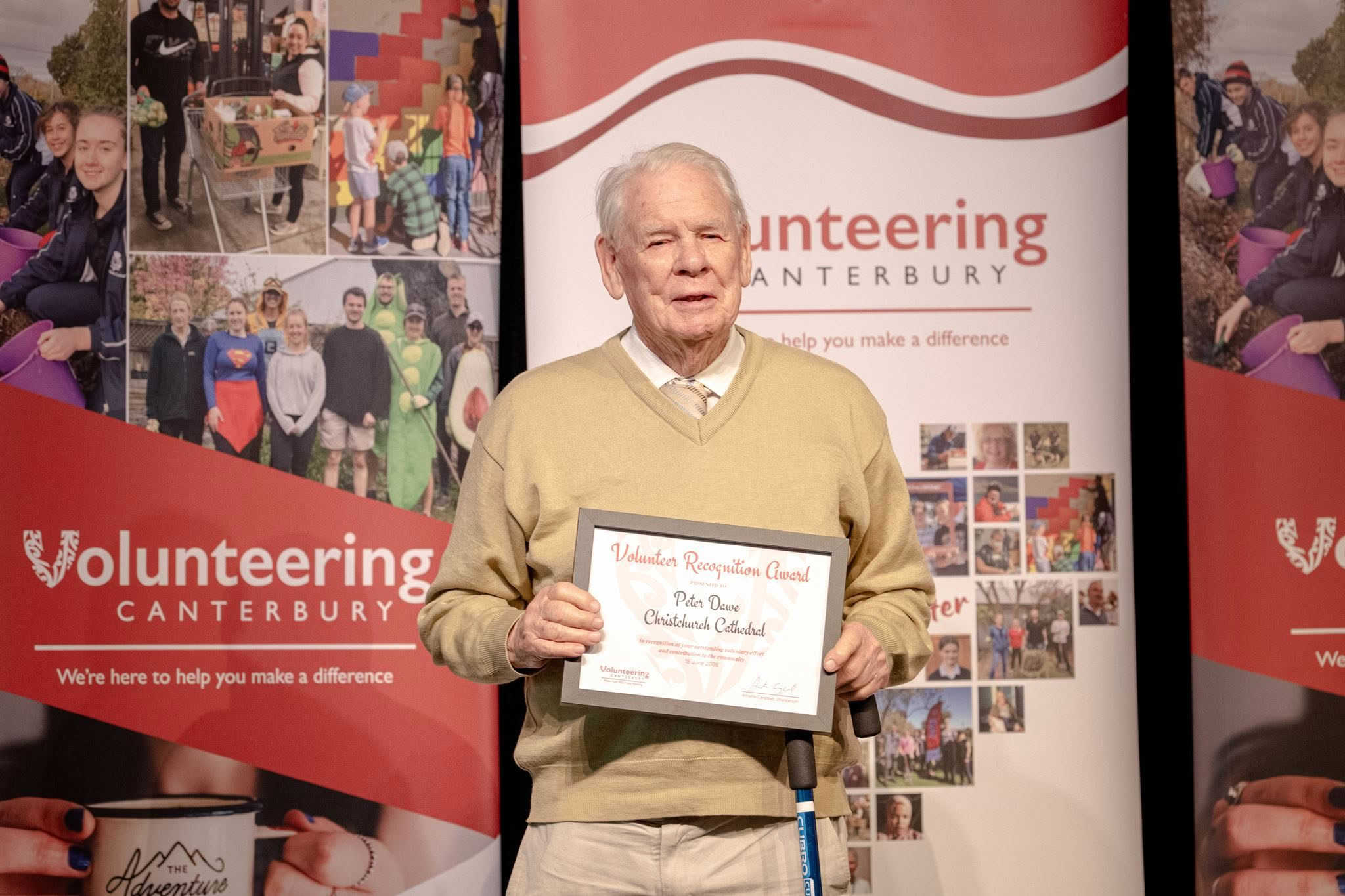 Peter Dawe, Christchurch Cathedral, receiving a Volunteer Recognition Award at the 2026 ceremony.