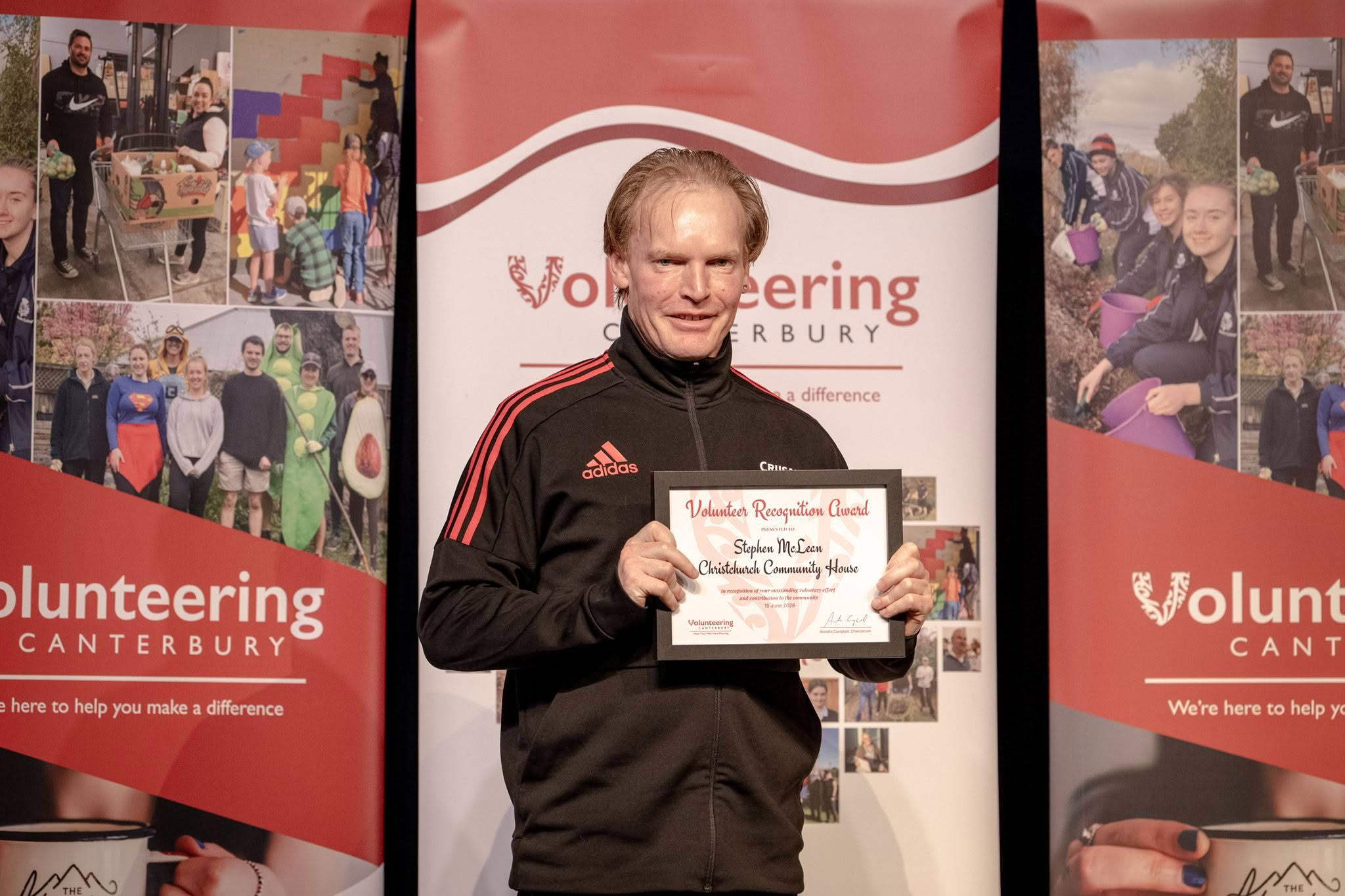 Stephen McLean, Christchurch Community House, receiving a Volunteer Recognition Award at the 2026 ceremony.