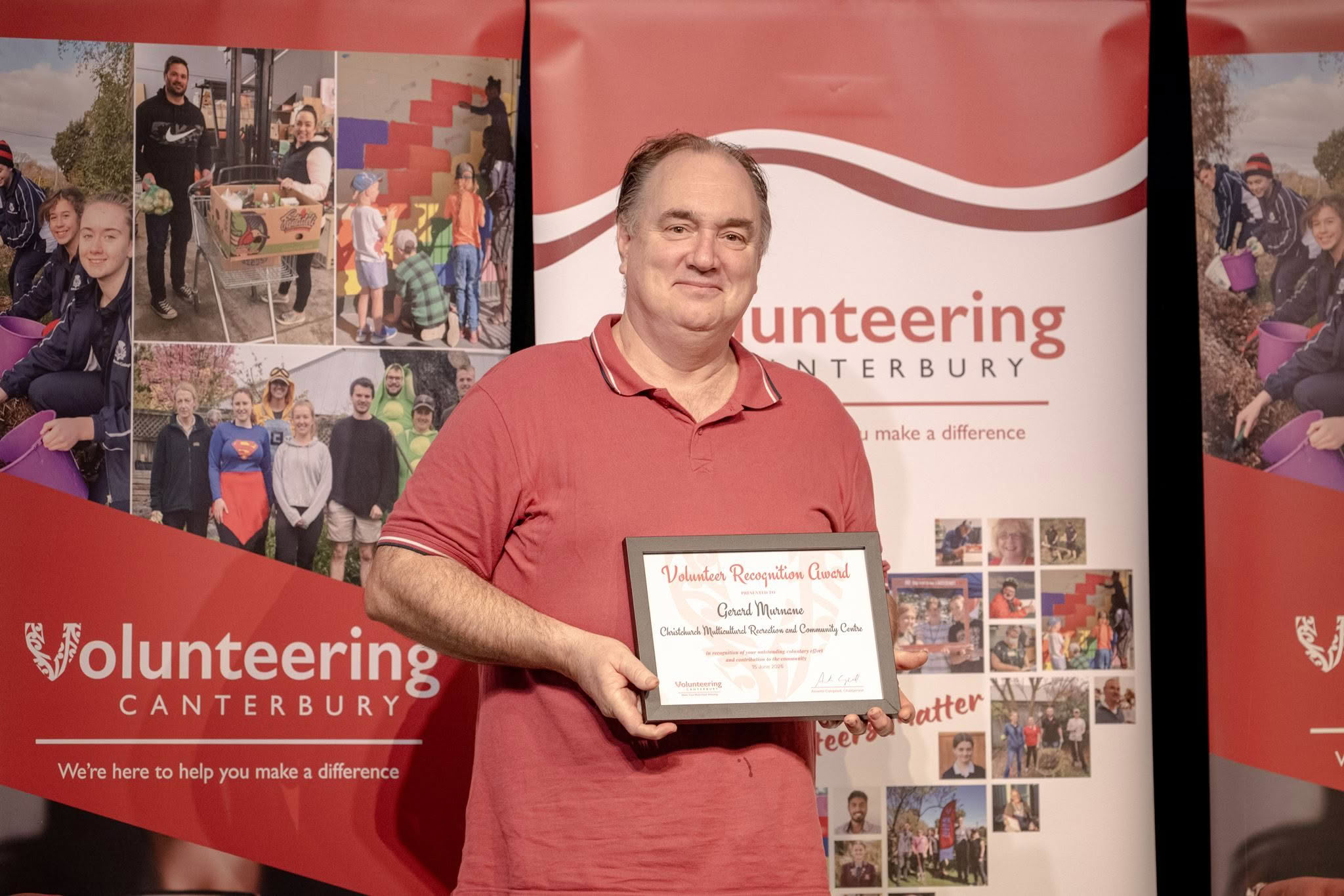 Gerard Murnane, Christchurch Multicultural Recreation and Community Centre, receiving a Volunteer Recognition Award at the 2026 ceremony.