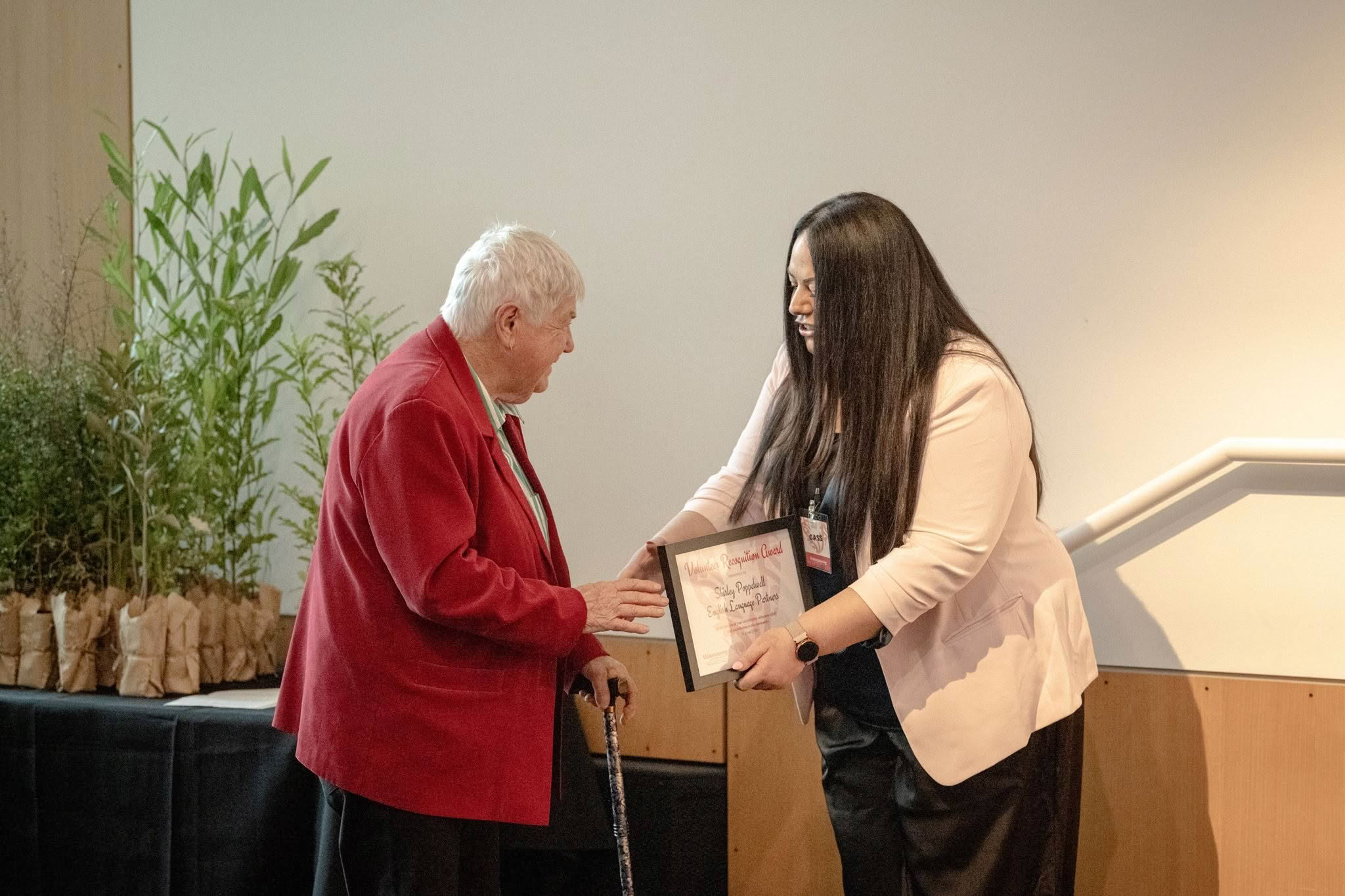 Shirley Poppelwell, English Language Partners, receiving a Volunteer Recognition Award at the 2026 ceremony.