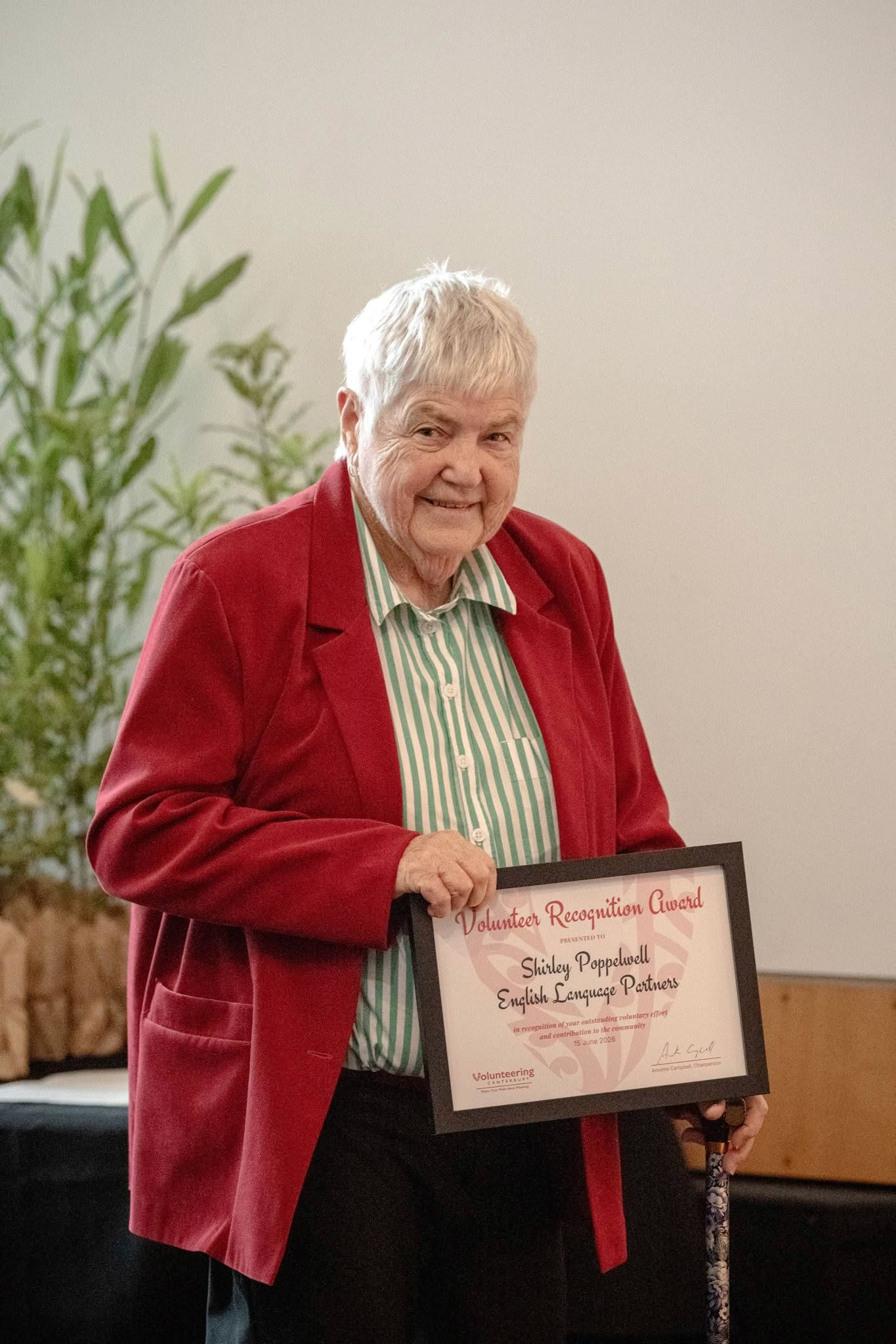 Shirley Poppelwell, English Language Partners, receiving a Volunteer Recognition Award at the 2026 ceremony.