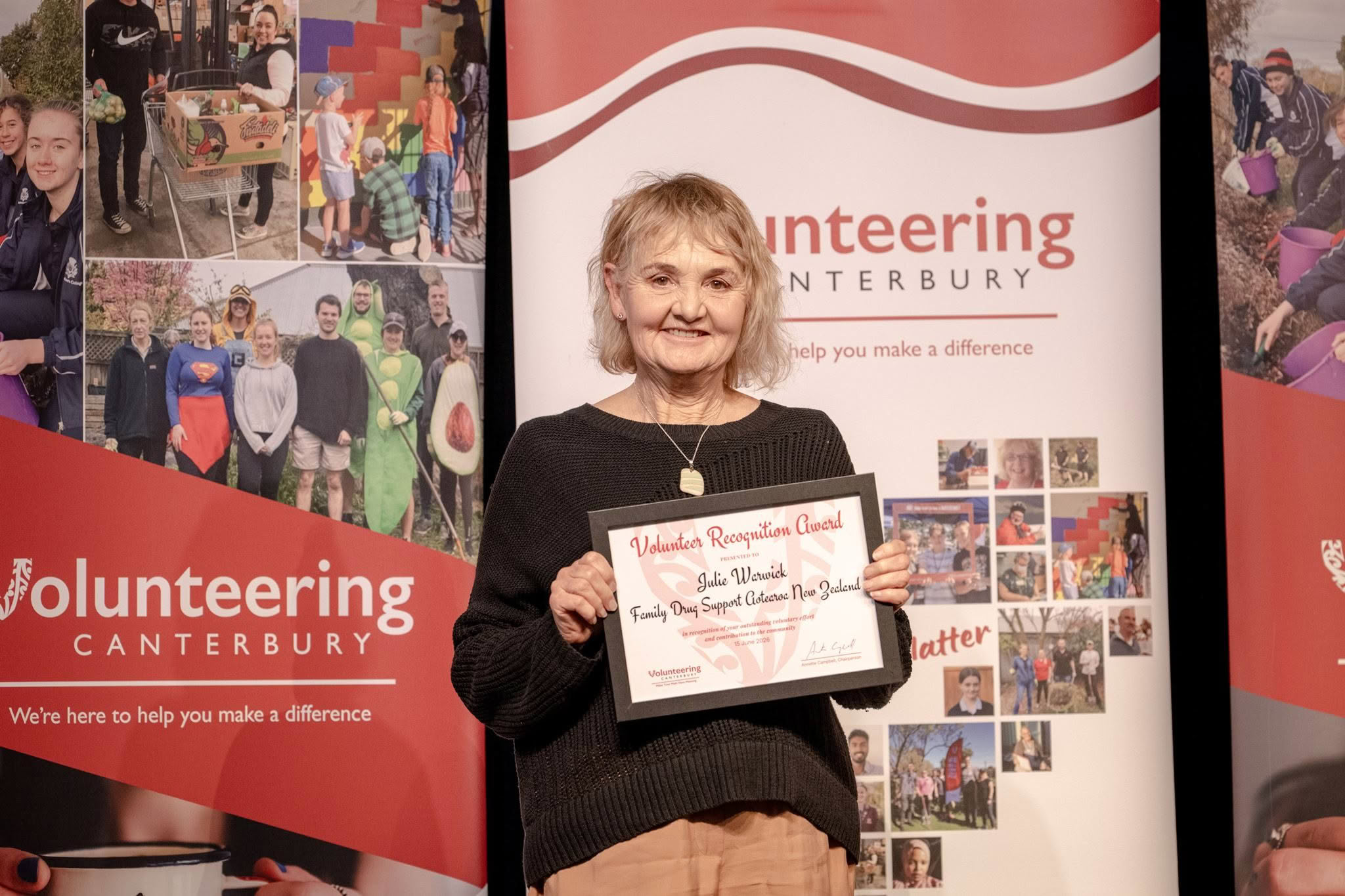 Julie Warwick, Family Drug Support Aotearoa New Zealand, receiving a Volunteer Recognition Award at the 2026 ceremony.