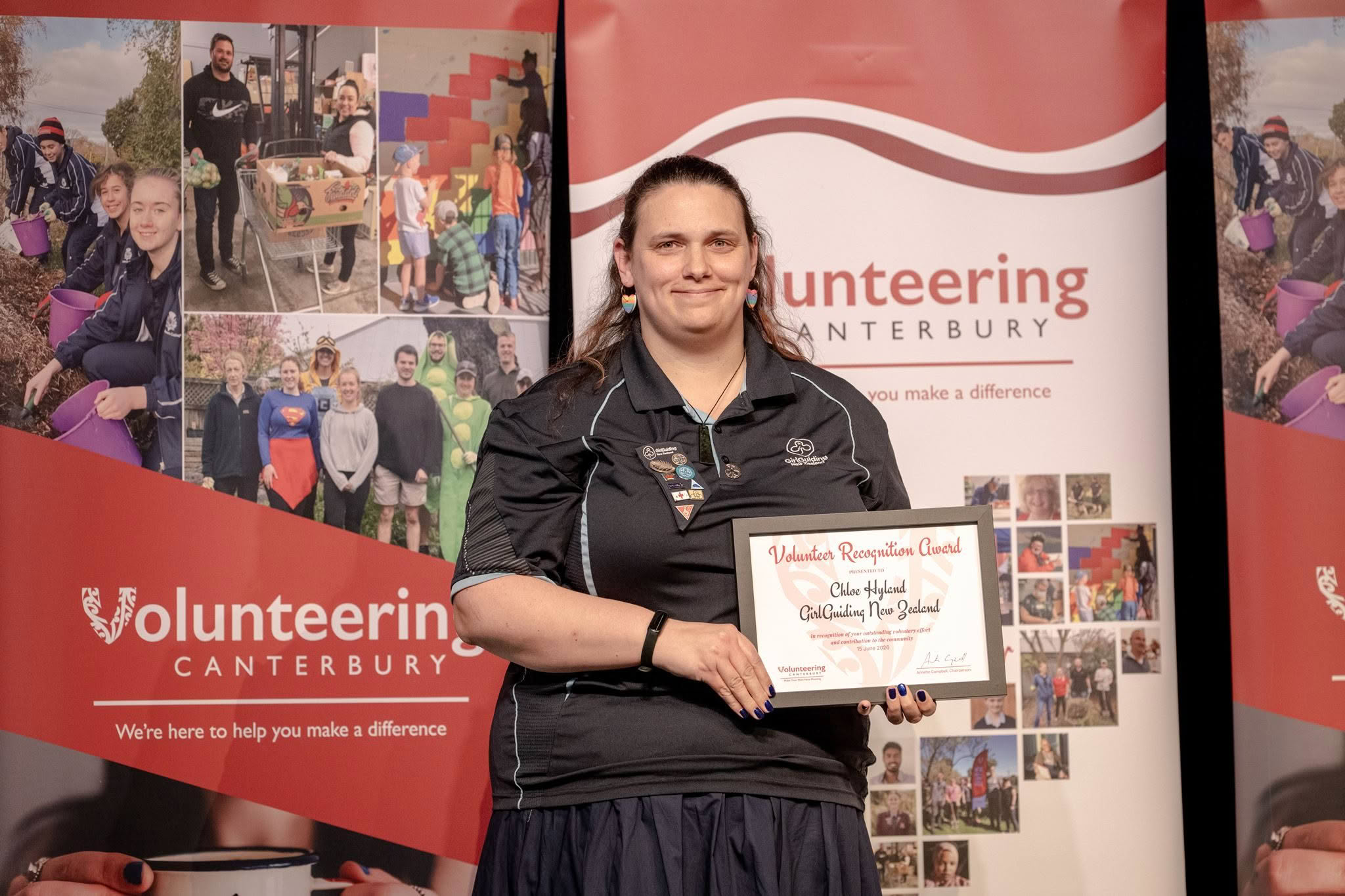 Chloe Hyland, GirlGuiding New Zealand, receiving a Volunteer Recognition Award at the 2026 ceremony.