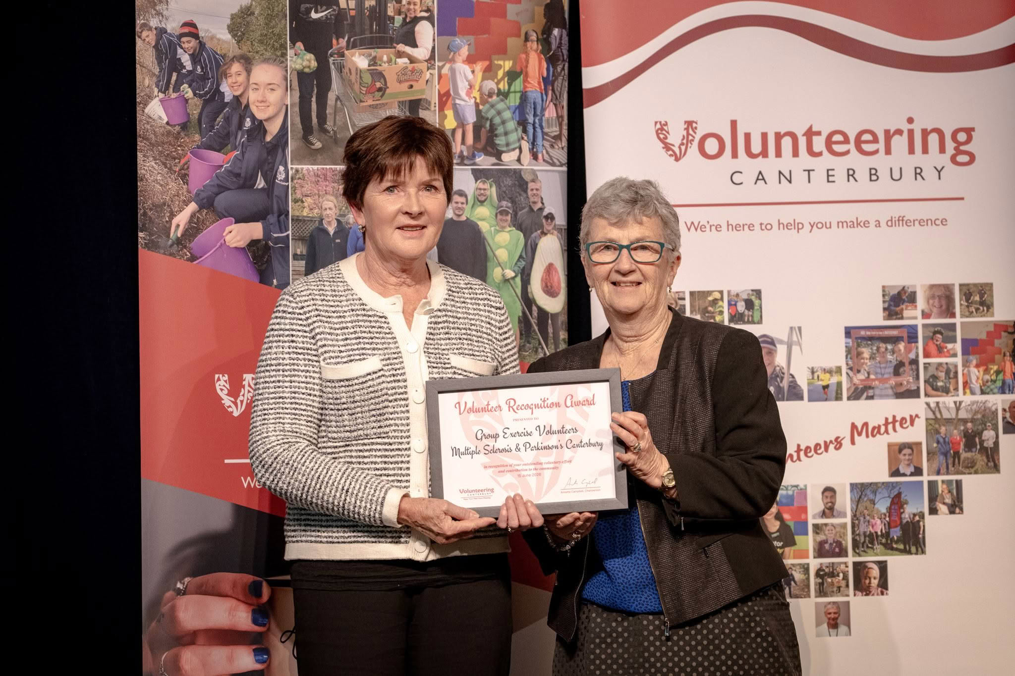 Group Exercise Volunteers, Multiple Sclerosis & Parkinson's Canterbury, receiving a Volunteer Recognition Award 2026.
