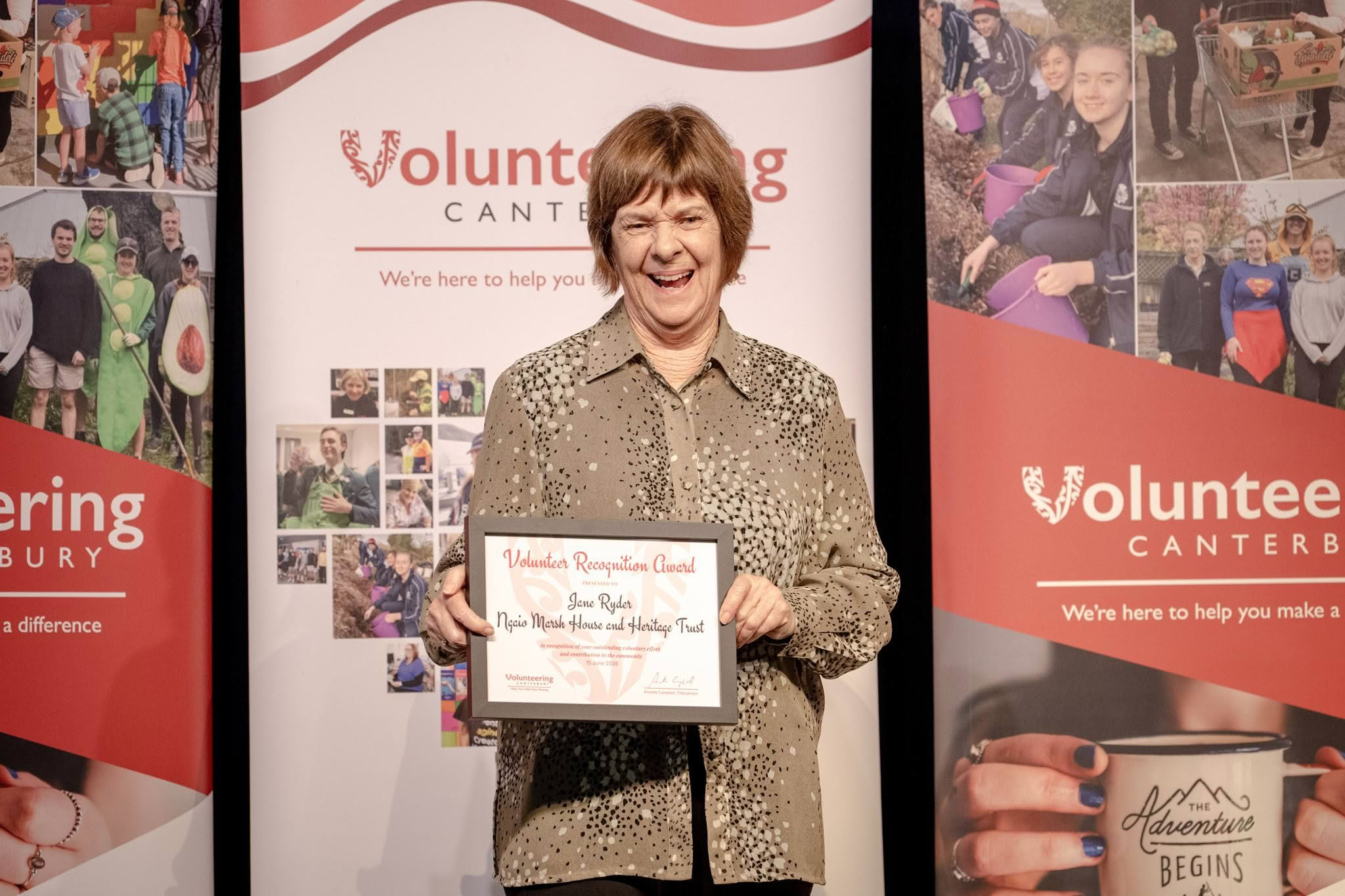 Jane Ryder, Ngaio Marsh House and Heritage Trust, receiving a Volunteer Recognition Award 2026.