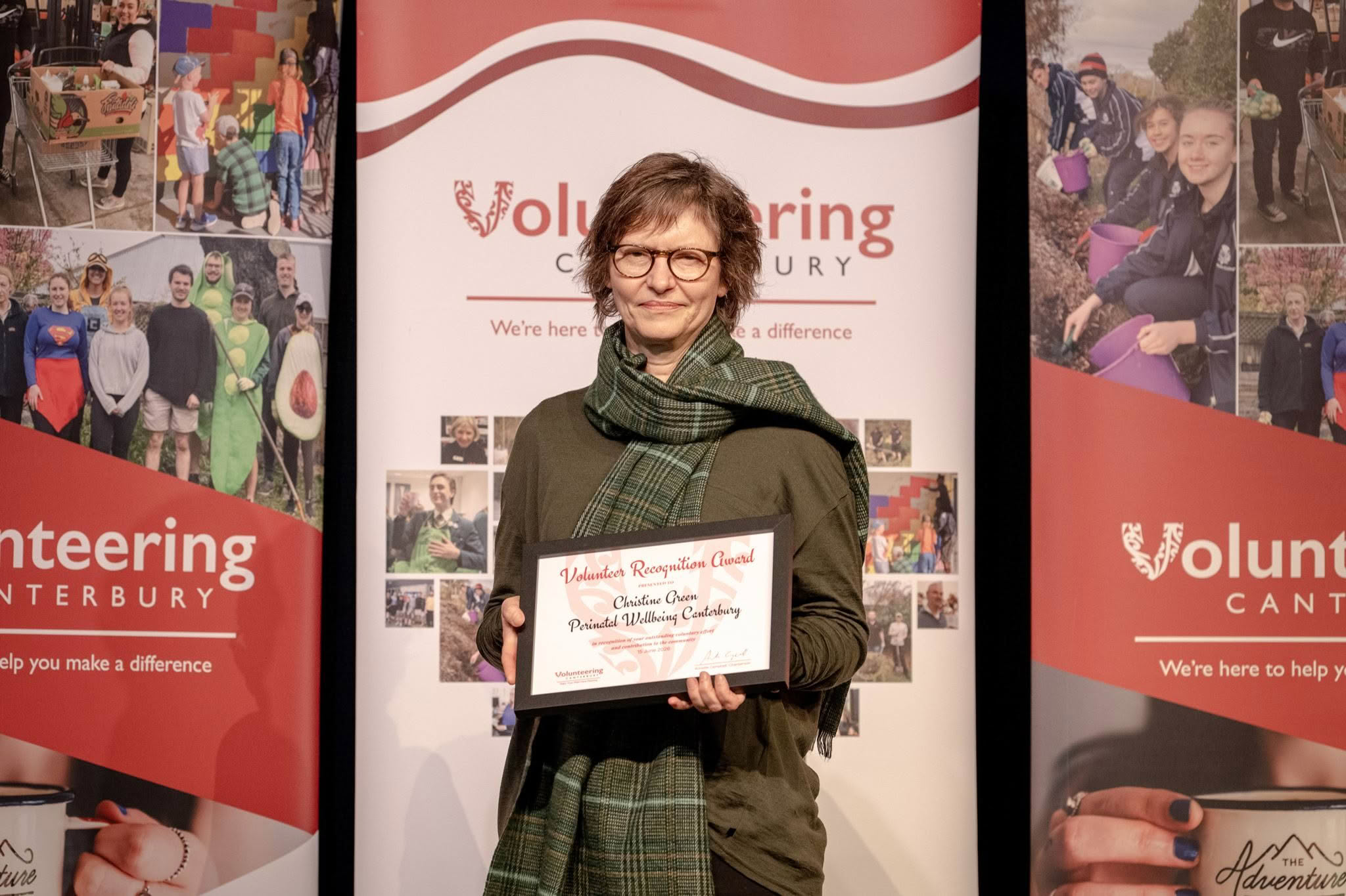 Christine Green, Perinatal Wellbeing Canterbury, receiving a Volunteer Recognition Award 2026.
