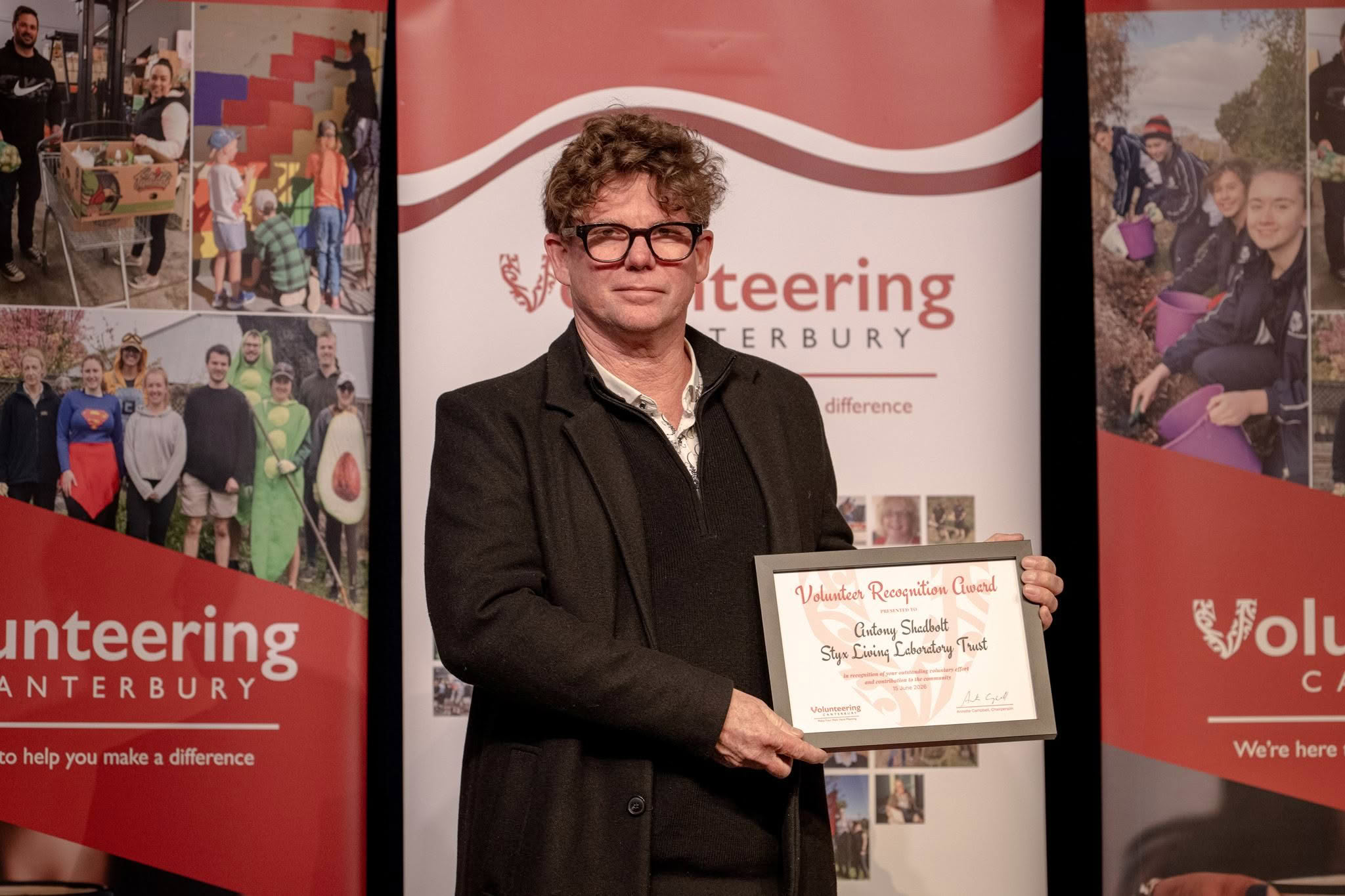 Antony Shadbolt, Styx Living Laboratory Trust, receiving a Volunteer Recognition Award 2026.