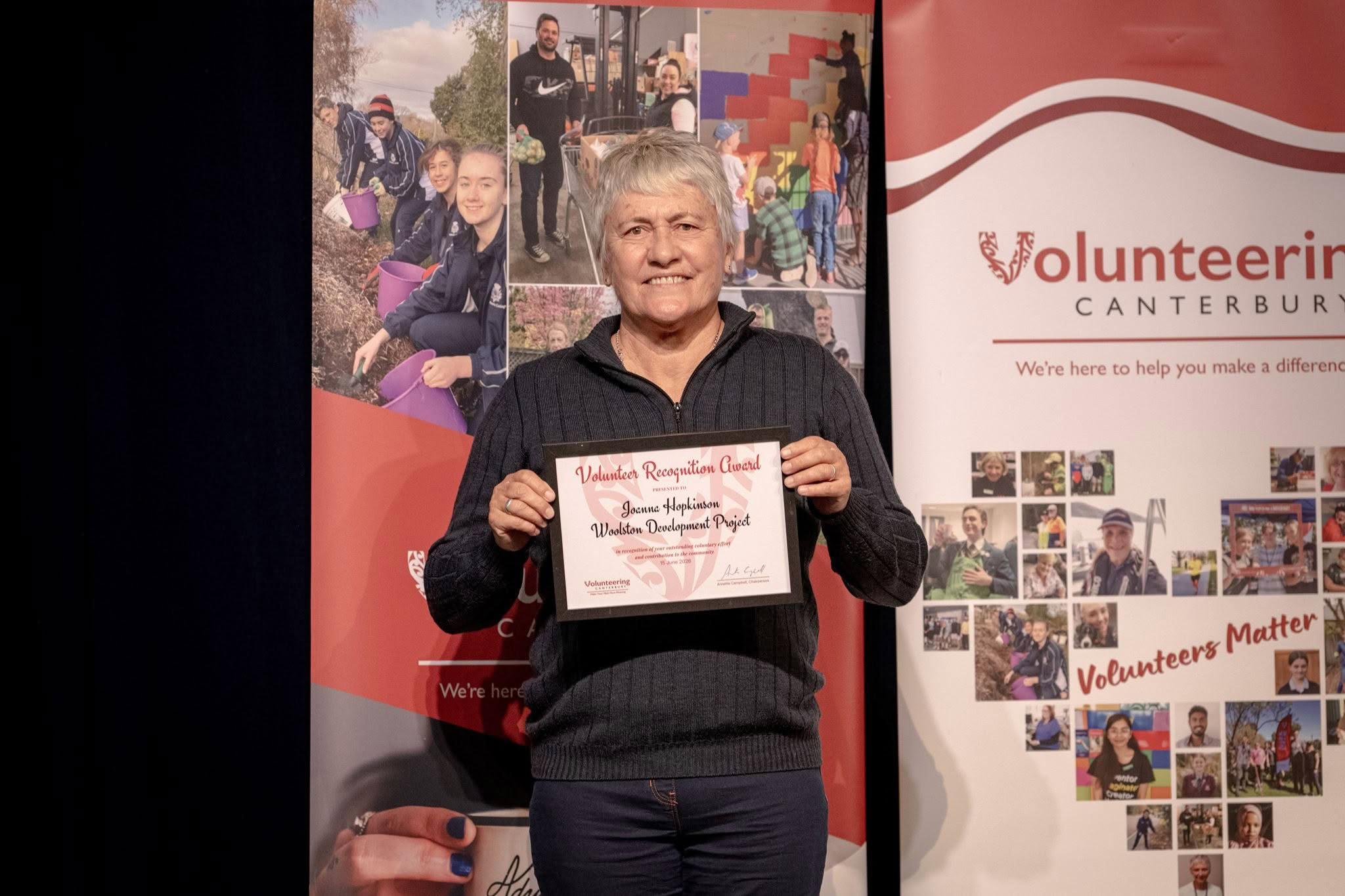 Joanna Hopkinson, Woolston Development Project, receiving a Volunteer Recognition Award 2026.
