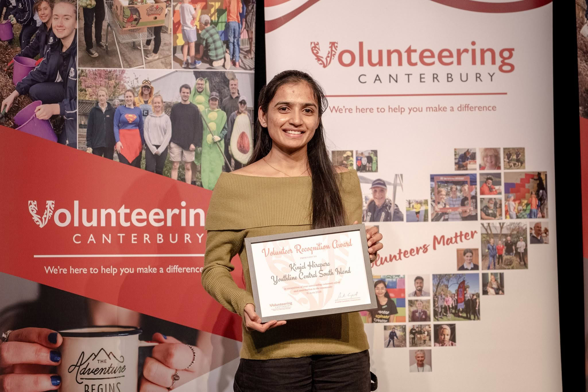 Kinjal Hirapara, Youthline Central South Island, receiving a Volunteer Recognition Award 2026.