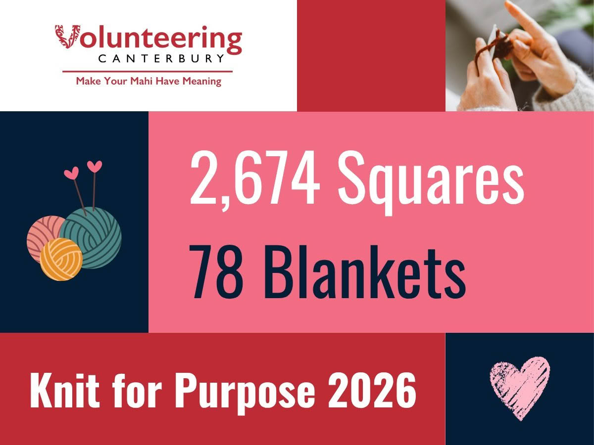 Knit for Purpose graphic displaying the number of squares knitted (2,674) and the number of blankets created (78).