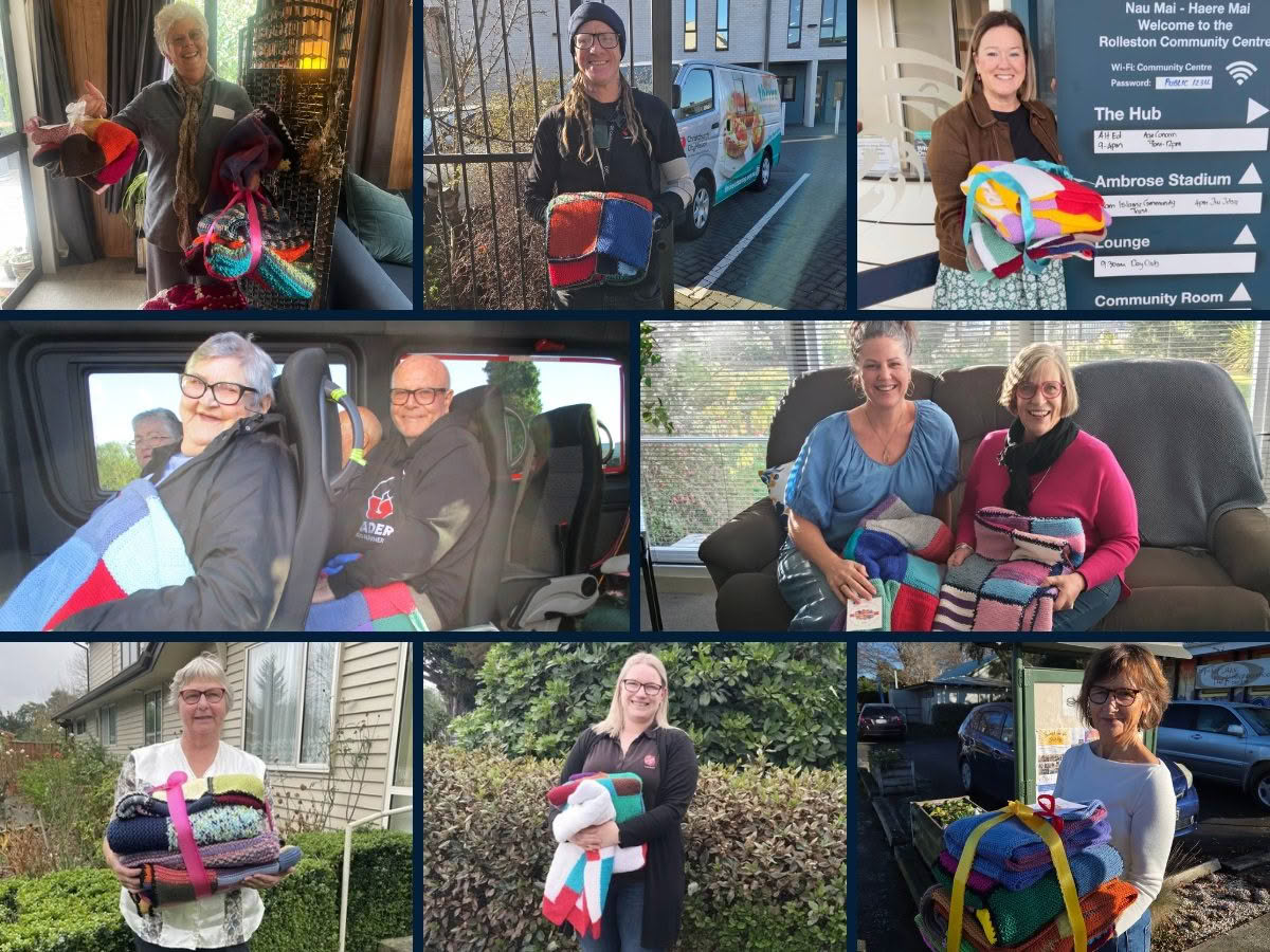 A collage of images showing recipients of the Knit for Purpose 2026 blankets.