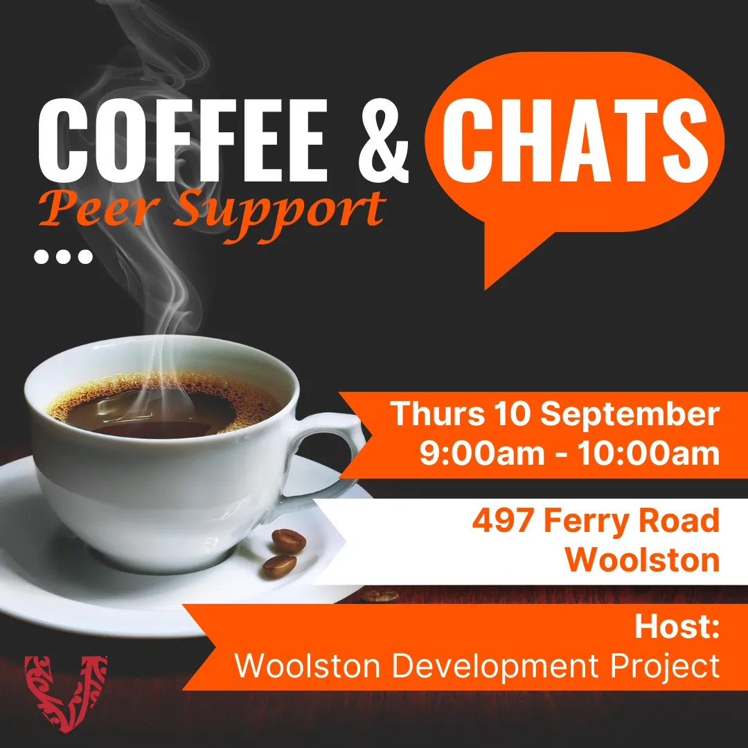 Event tile for Coffee & Chats September. Displaying date Thurs 10 September, 9am-10am, Venue 497 Ferry Road, Woolston and Host: Woolston Development Project.