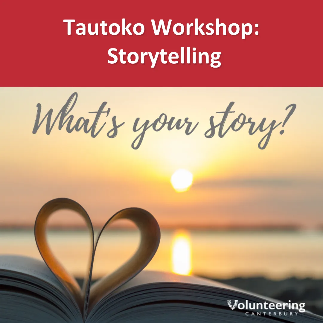 Tautoko Network: Storytelling tile. Image shows the pages of an open book folded into a heart shape, in front of a blurred sunset background.